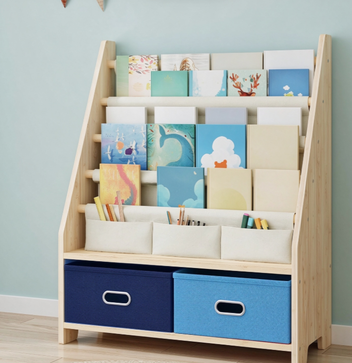 Four-Tier Wooden Kids Bookshelf with Storage Bins