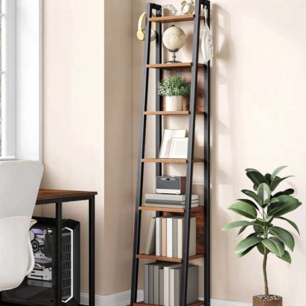 Seven-Tier Ladder Bookshelf with Back Panels