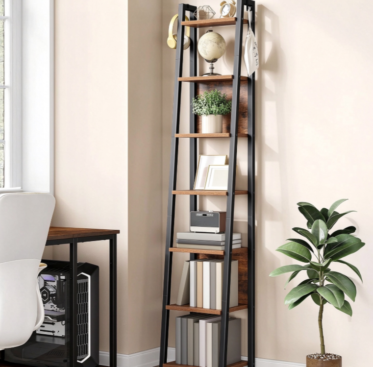 Seven-Tier Ladder Bookshelf with Back Panels