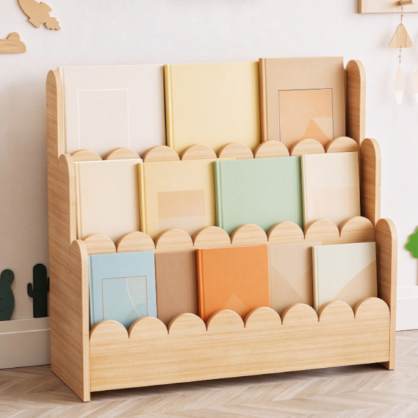 Three-Tier Scalloped Wooden Bookshelf Organizer