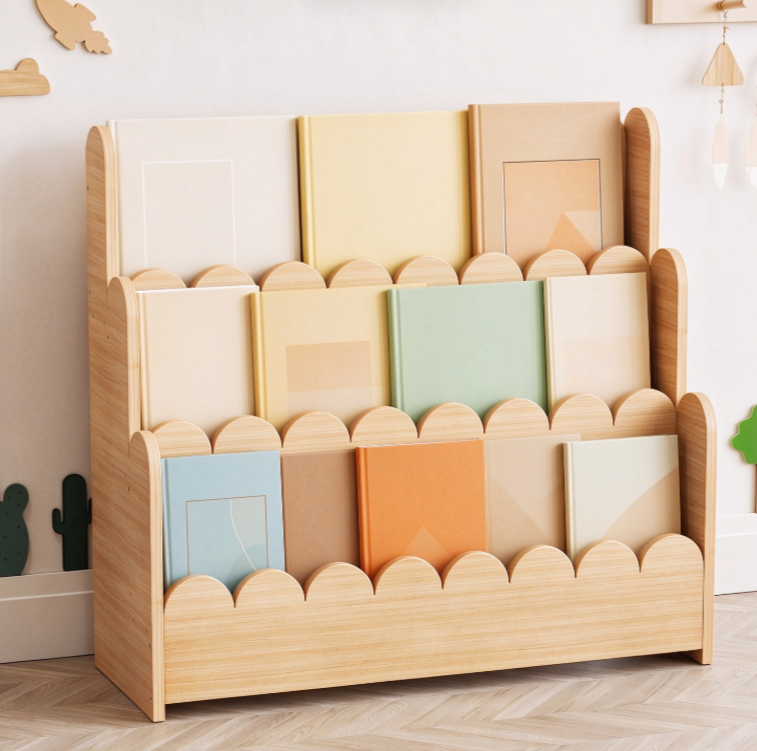 Three-Tier Scalloped Wooden Bookshelf Organizer