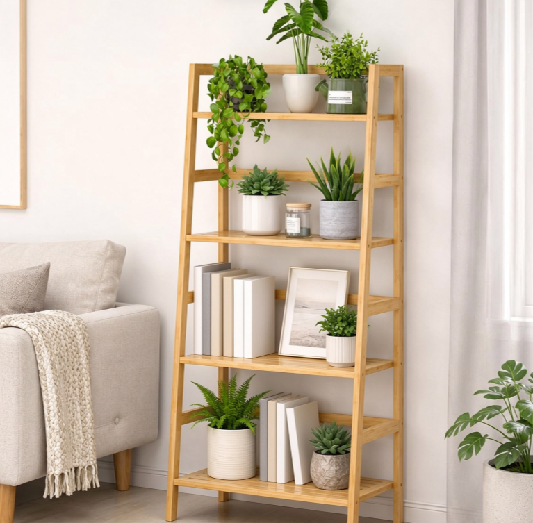 Four-Tier Wooden Ladder Bookshelf Organizer