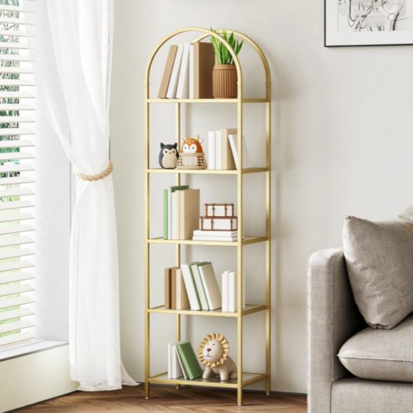 Arched Bookshelf with Glass Display Shelves