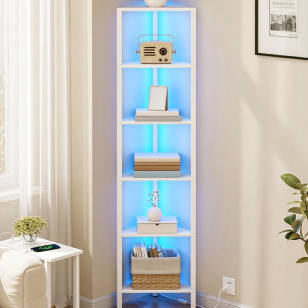Corner Bookshelf with Integrated LED Lighting