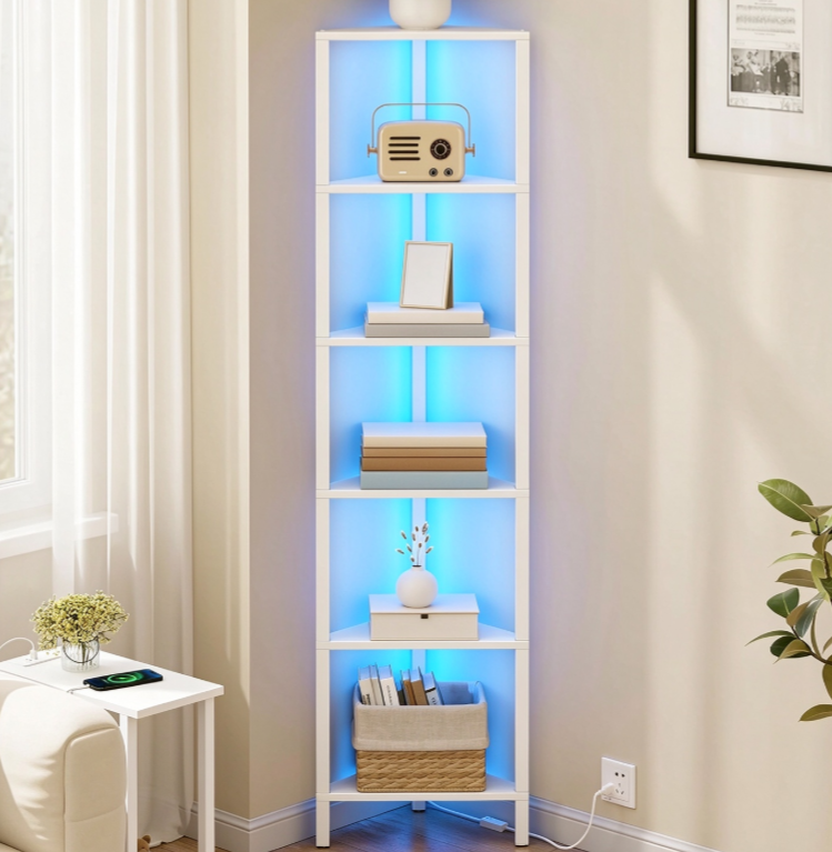 Corner Bookshelf with Integrated LED Lighting