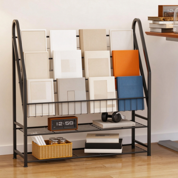 Freestanding Metal Magazine Rack with Slanted Shelves