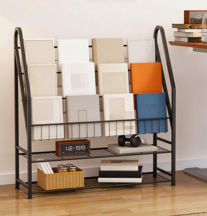 Freestanding Metal Magazine Rack with Slanted Shelves