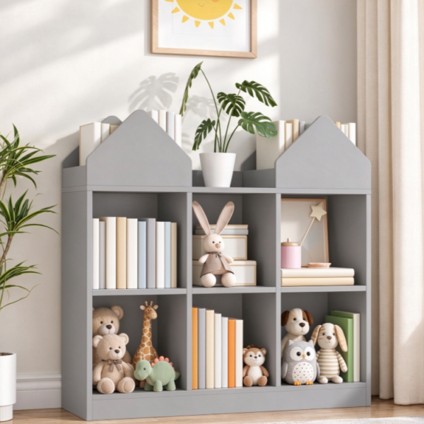 Bookshelf Organizer with Integrated Toy Storage