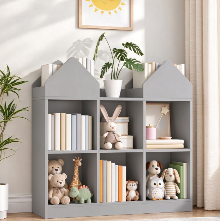 Bookshelf Organizer with Integrated Toy Storage