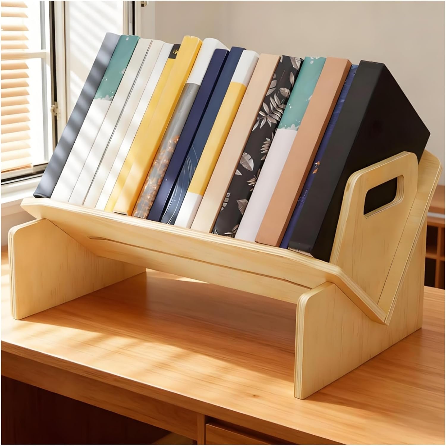 Wooden Desktop Bookshelf with Handle and Slanted Design