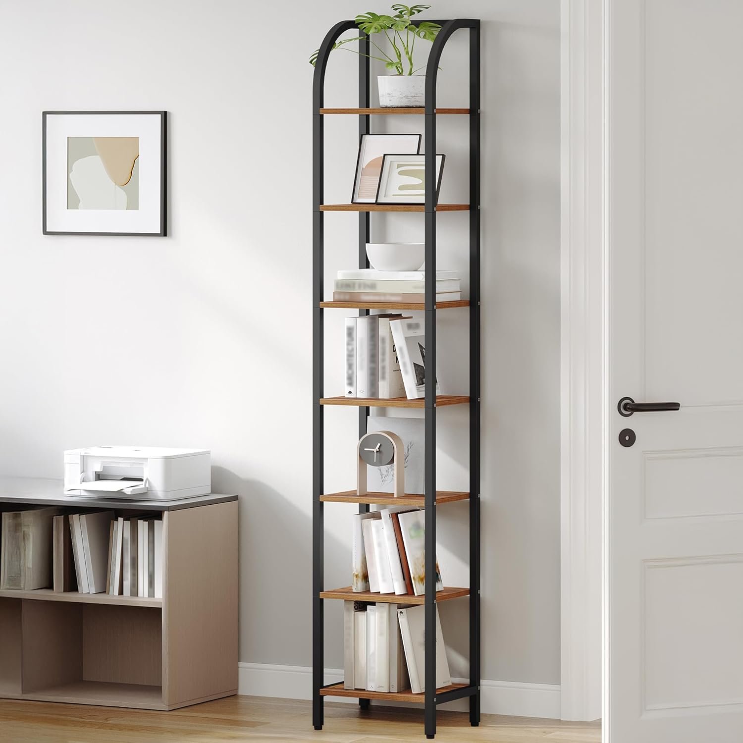 Narrow Bookshelf with Steel Frame for Vertical Storage