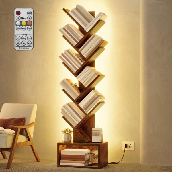 Nine-Tier Tree Bookshelf with Integrated LED Lighting