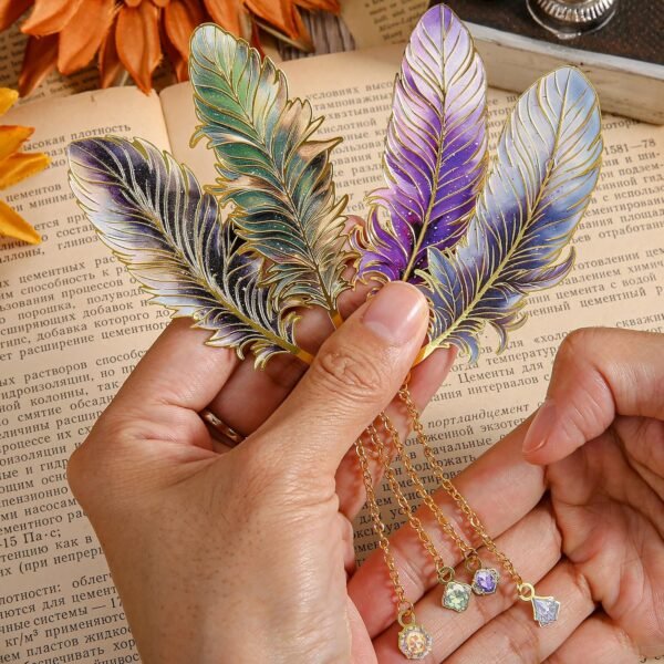Feather-Shaped Metal Bookmarks with Decorative Chains